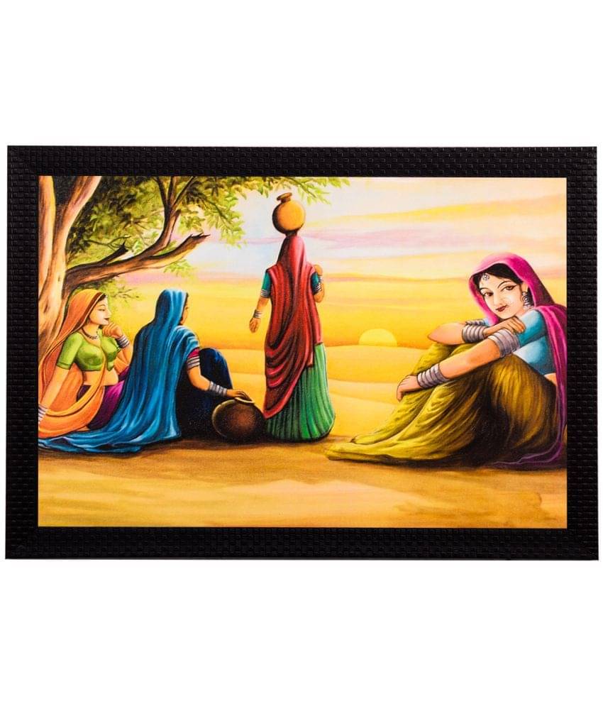     			eCraftIndia Multicoloured Village Women Satin Matt Texture Framed Artwork