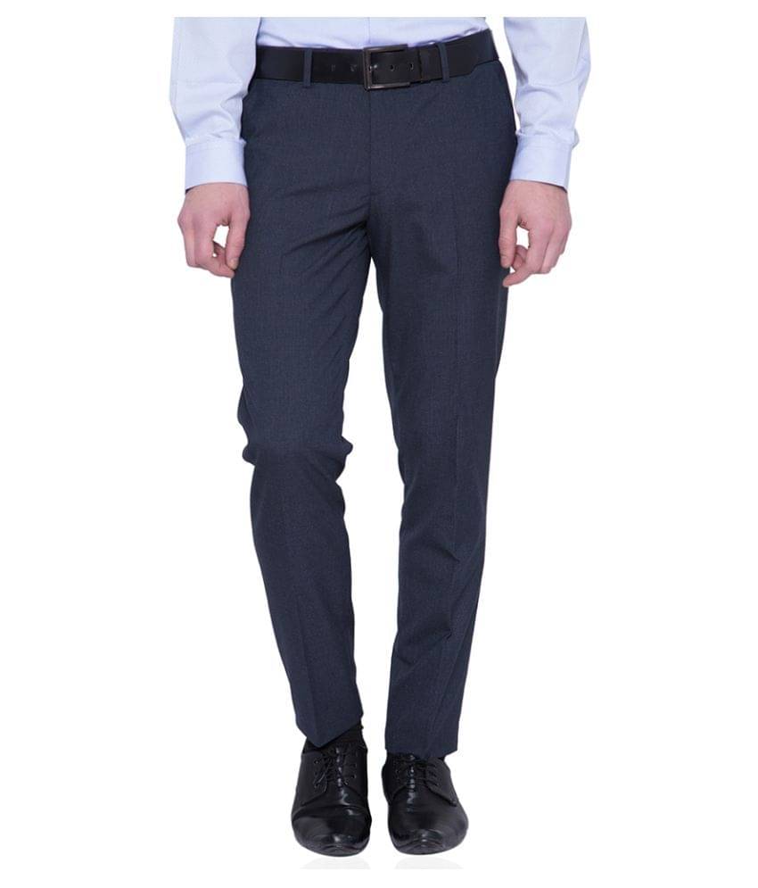     			Black Coffee Navy Blue Tapered Flat Trousers