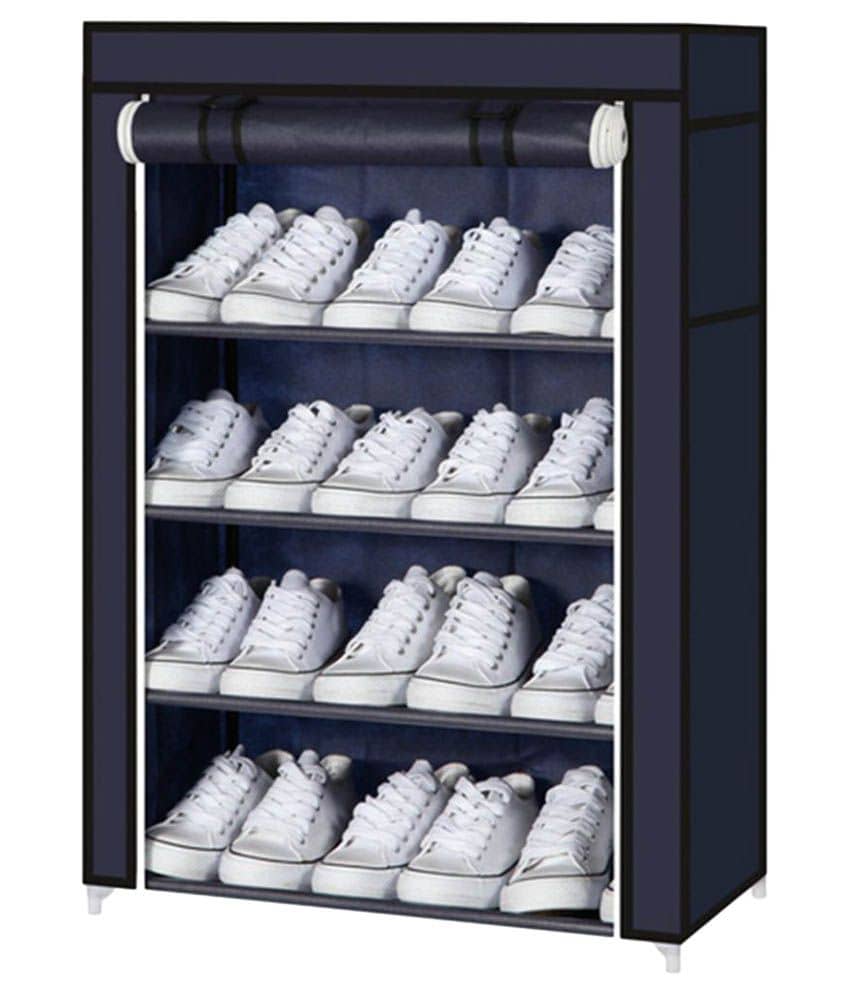 KriShyam Metal Foldable/Collapsible 4 Tier Shoe Rack With Cover -Blue
