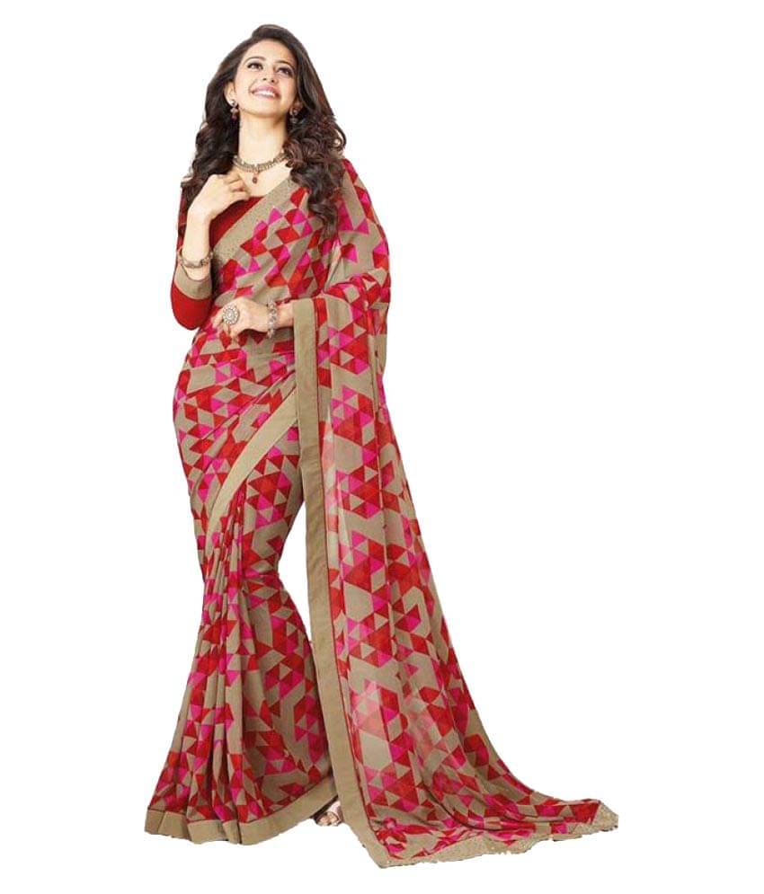 Gazal Fashions Chiffon Printed Saree With Unstitched Blouse Piece ( Red,Beige ) Gazal Fashions Chiffon Printed Saree With Unstitched Blouse Piece ( Red,Beige )