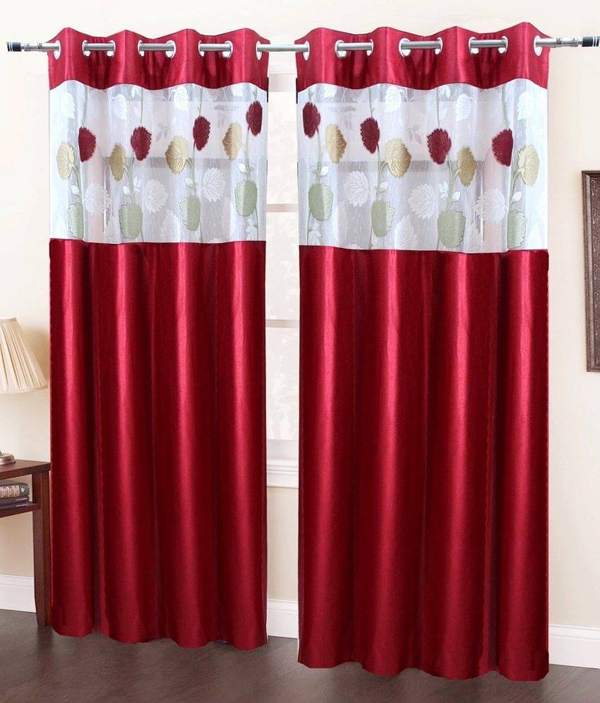     			Homefab India Plain Semi-Transparent Eyelet Door Curtain 7ft (Pack of 2) - Red