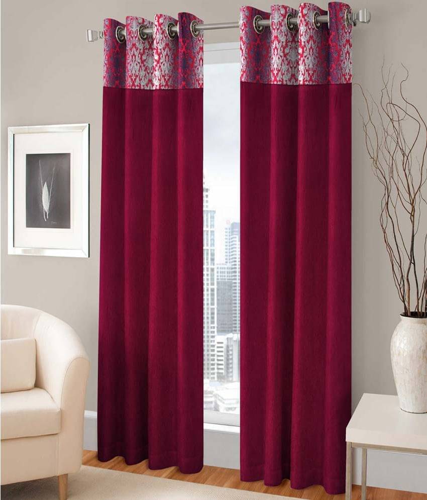 Tanishka Fabs Floral Semi-Transparent Eyelet Door Curtain 7 ft Pack of 2 -Maroon Tanishka Fabs Floral Semi-Transparent Eyelet Door Curtain 7 ft Pack of 2 -Maroon