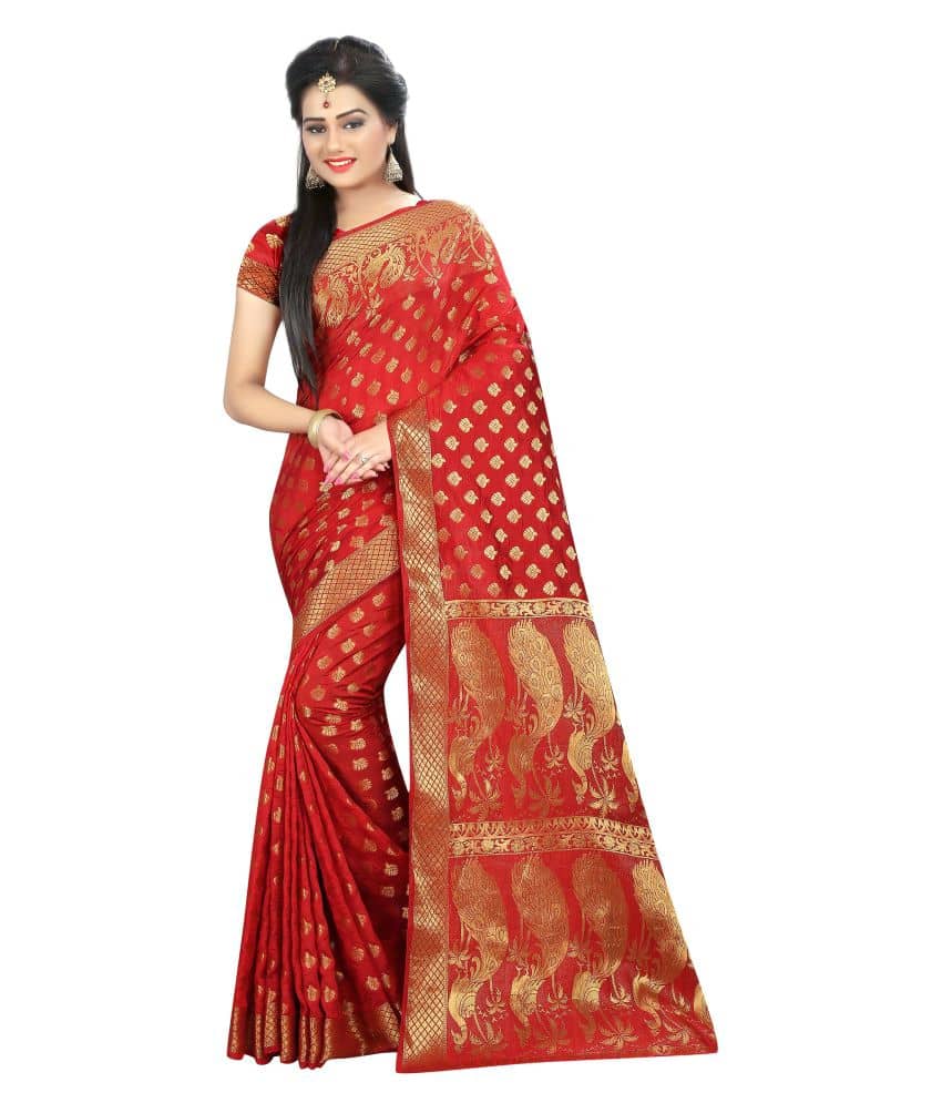 Gazal Fashions Silk Printed Saree With Unstitched Blouse Piece ( Red ) - Sarees | Buy online on ZillyBuy