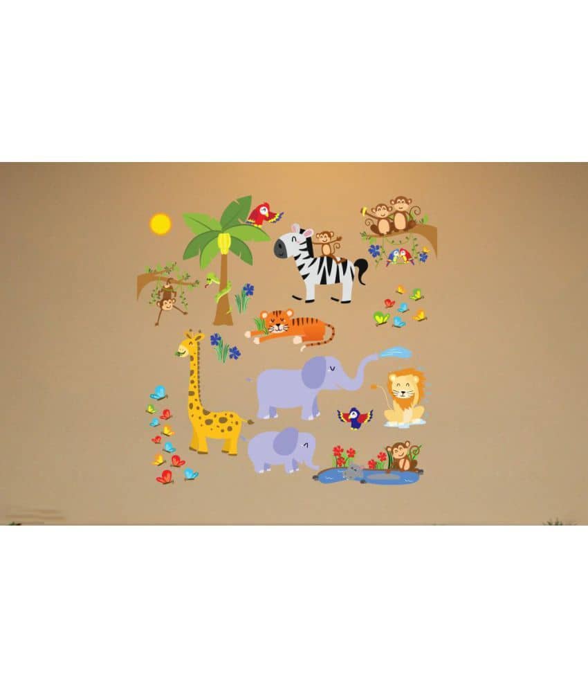 Decor Villa Many animal PVC Multicolour Wall Sticker - Pack of 1