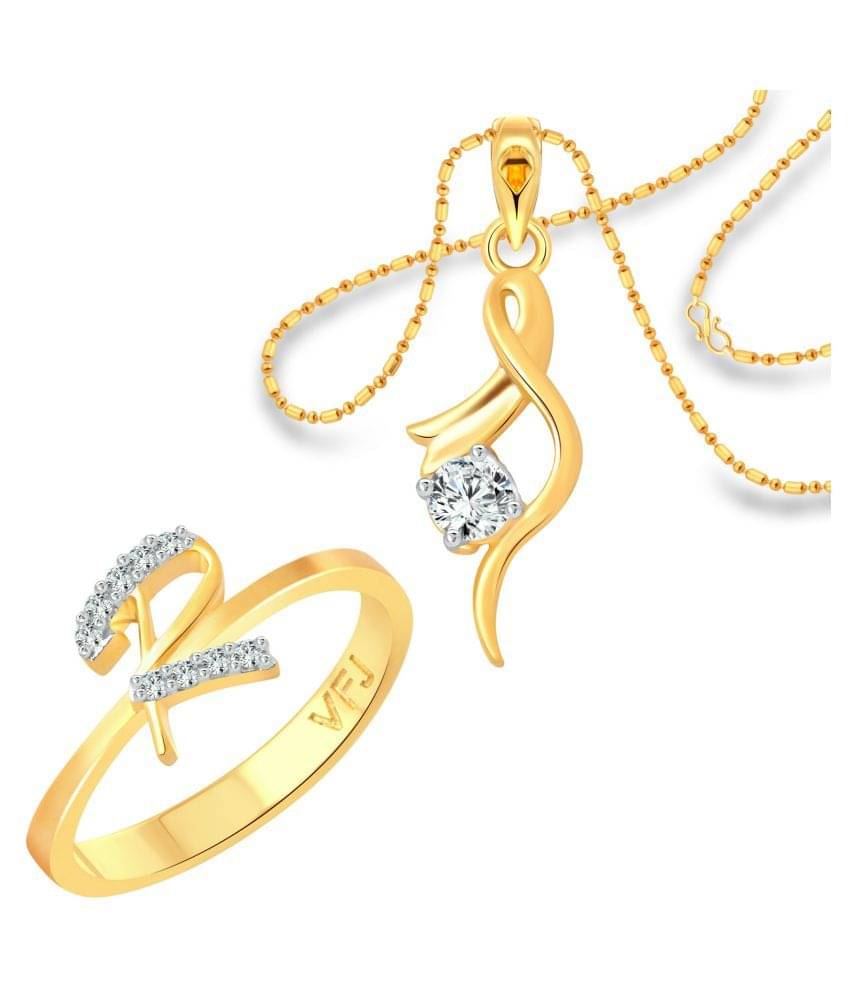     			Vighnaharta "R" Letter Ring with Solitaire Pendant (1190FRG-1214PG) CZ Gold and Rhodium Plated Alloy Combo set for Women and Girls- VFJ1168RPG14