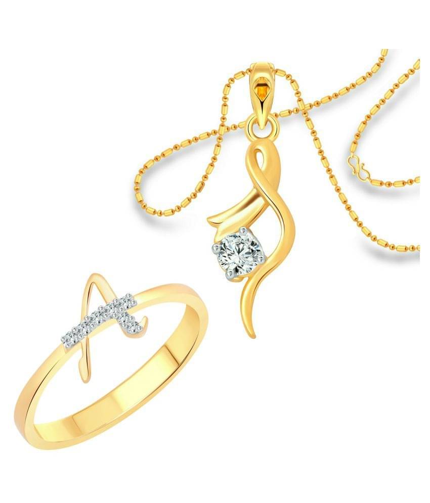     			Vighnaharta "A" Letter Ring with Solitaire Pendant (1178FRG-1214PG) CZ Gold and Rhodium Plated Alloy Combo set for Women and Girls- VFJ1160RPG14