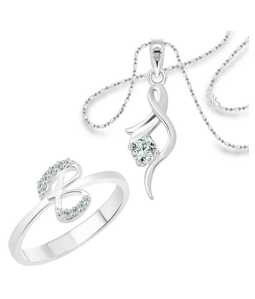     			Vighnaharta "B" Alphabet Ring with Solitaire Pendant (1179FRR-1214PR) CZ Gold and Rhodium Plated Alloy Combo set for Women and Girls
