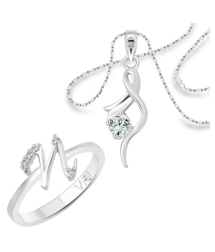     			Vighnaharta "N" Alphabet Ring with Solitaire Pendant (1188FRR-1214PR) CZ Gold and Rhodium Plated Alloy Combo set for Women and Girls- VFJ1166RPR14
