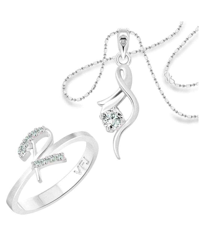     			Vighnaharta "R" Alphabet Ring with Solitaire Pendant (1190FRR-1214PR) CZ Gold and Rhodium Plated Alloy Combo set for Women and Girls