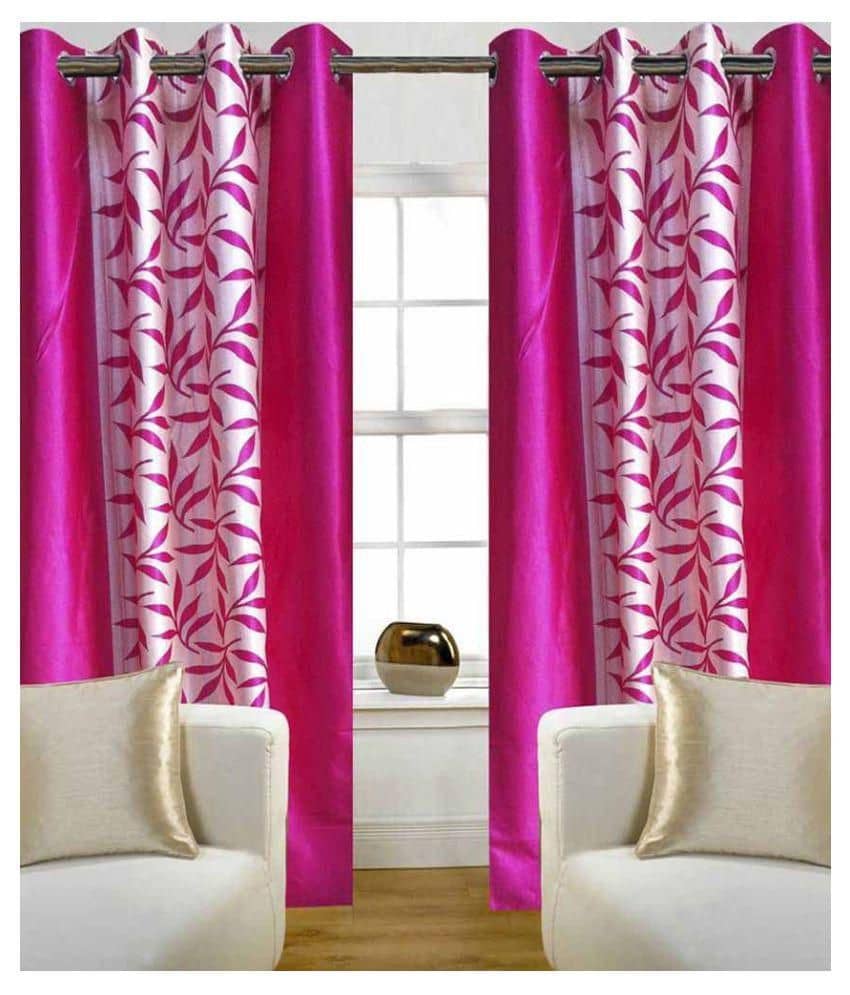 Phyto Home Floral Semi-Transparent Eyelet Door Curtain 7 ft Pack of 2 -Pink