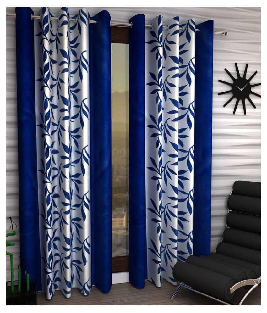 Phyto Home Floral Semi-Transparent Eyelet Door Curtain 7 ft Pack of 2 -Blue