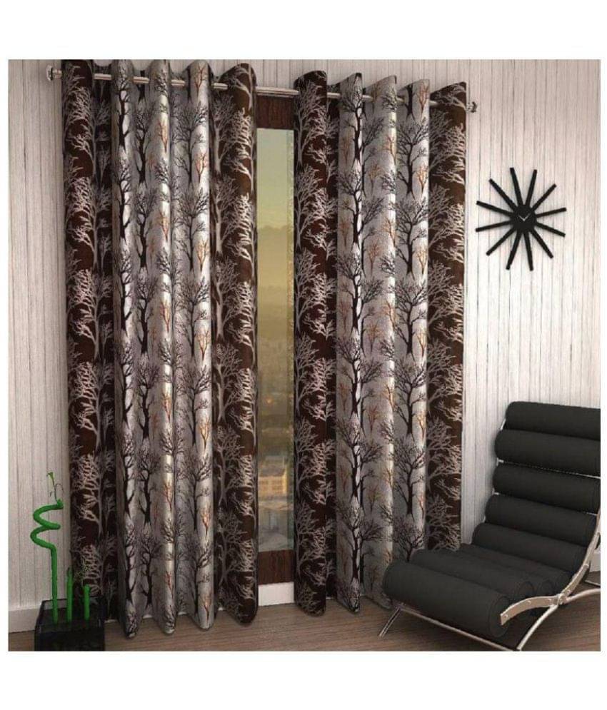     			Panipat Textile Hub Floral Semi-Transparent Eyelet Long Door Curtain 9 ft Pack of 4 -Brown