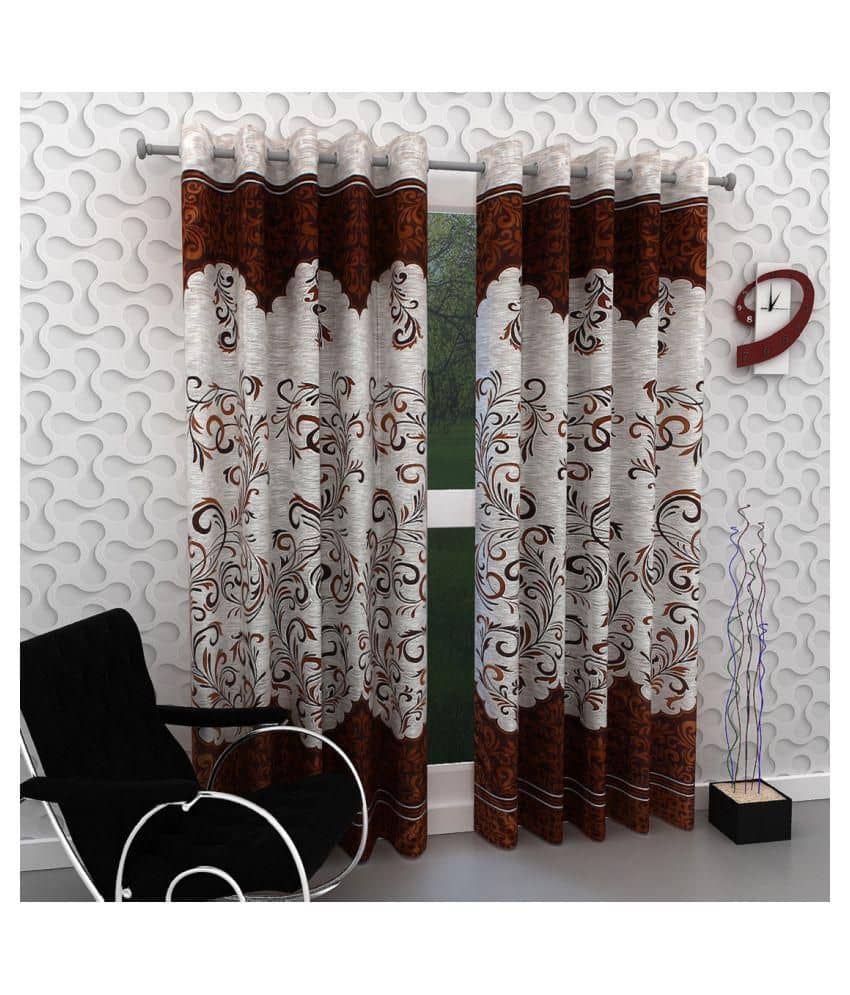 Phyto Home Floral Semi-Transparent Eyelet Door Curtain 7 ft Pack of 2 -Brown