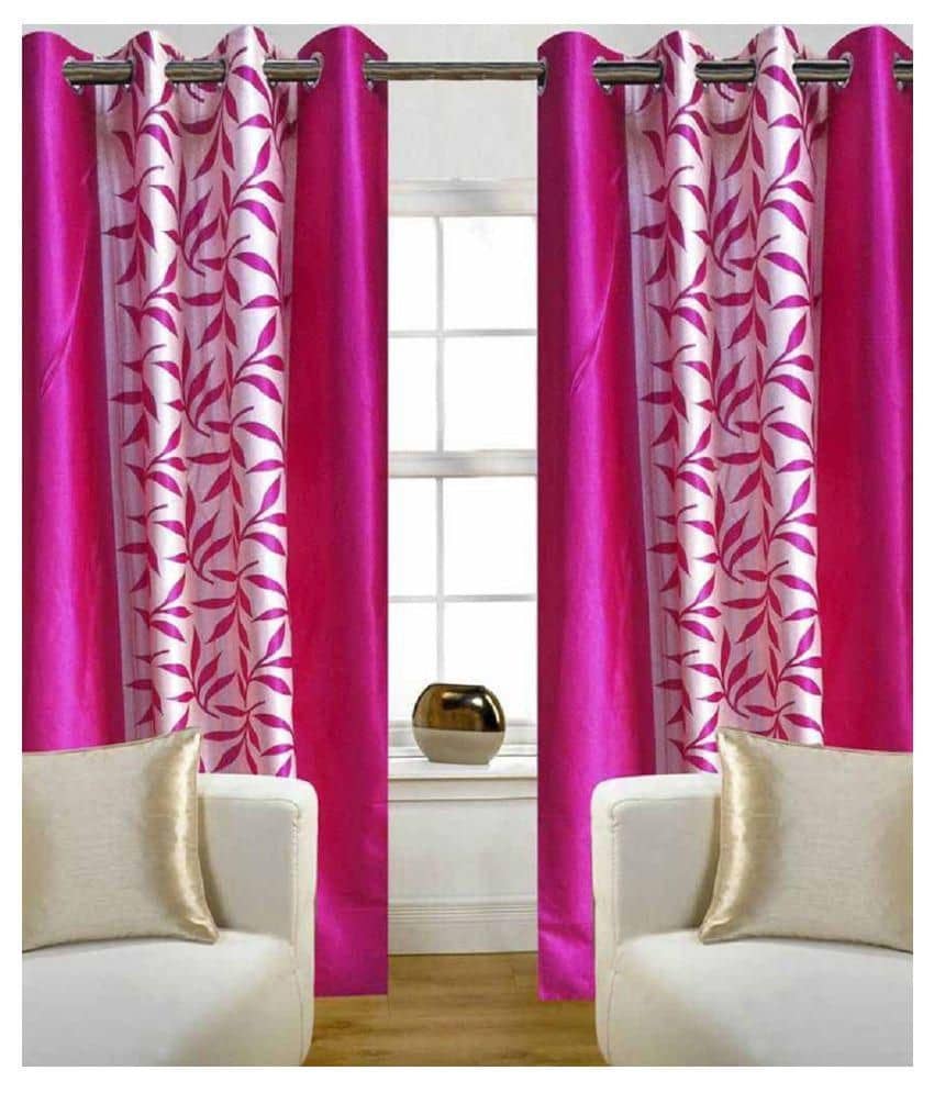 Phyto Home Floral Semi-Transparent Eyelet Long Door Curtain 9 ft Pack of 4 -Pink