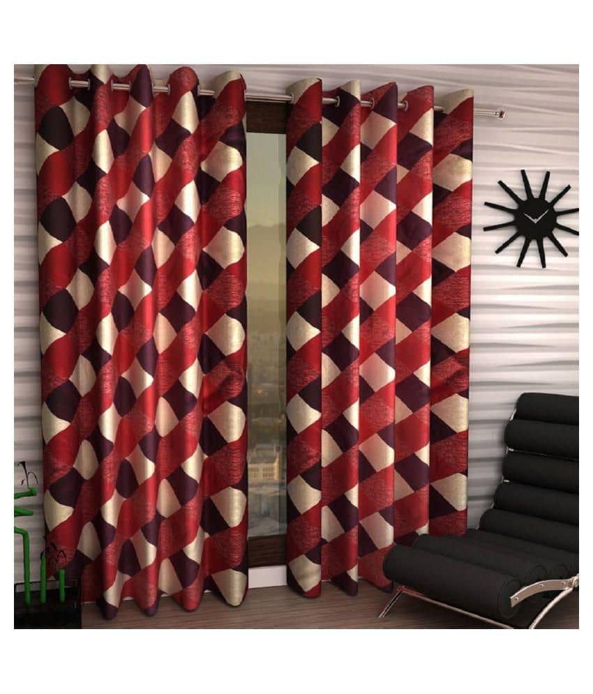 Phyto Home Floral Semi-Transparent Eyelet Long Door Curtain 9 ft Pack of 4 -Red