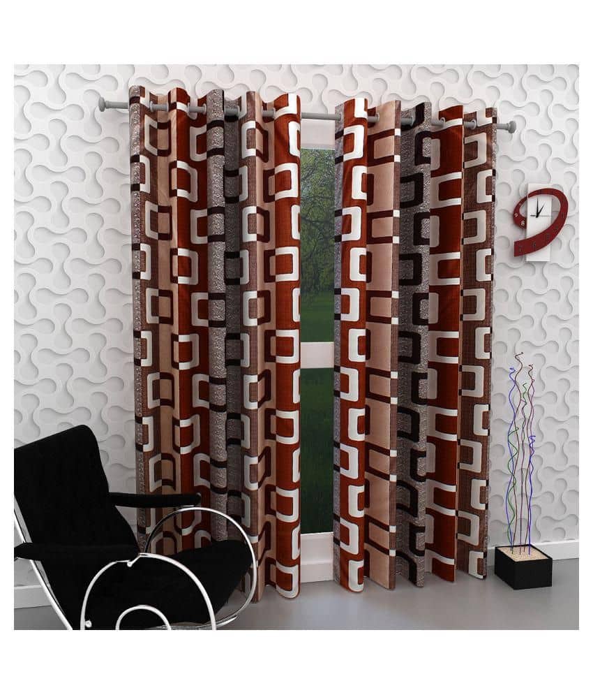 Phyto Home Printed Semi-Transparent Eyelet Door Curtain 7 ft Pack of 2 -Brown
