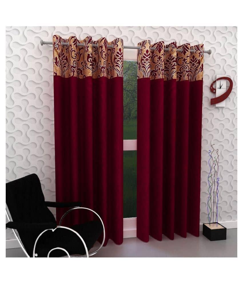 Phyto Home Floral Semi-Transparent Eyelet Door Curtain 7 ft Pack of 2 -Maroon