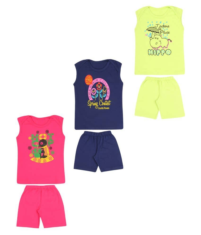 Dongli Pack of 3 Unisex for Baby 100% Cotton Top & Shorts ( Multi )
