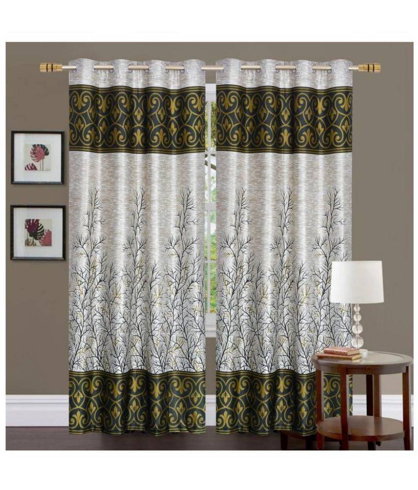     			Phyto Home Floral Semi-Transparent Eyelet Door Curtain 7 ft Pack of 2 -Green