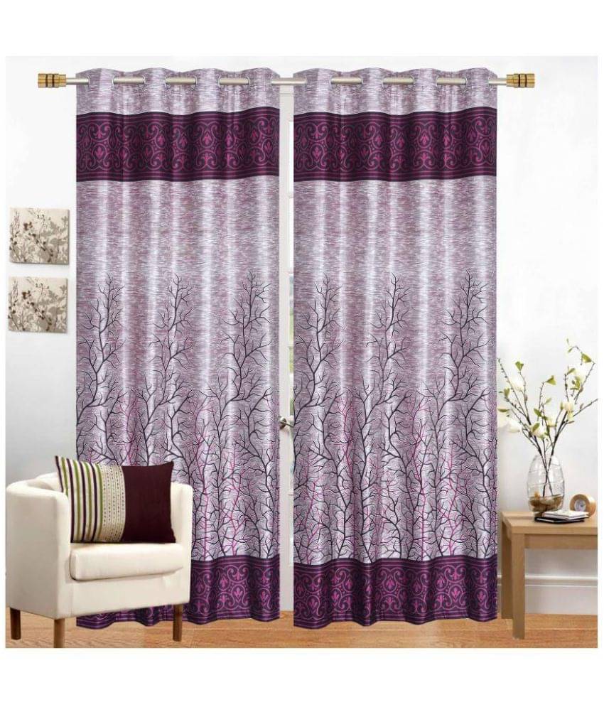     			Tanishka Fabs Floral Semi-Transparent Eyelet Door Curtain 7 ft Pack of 2 -Purple