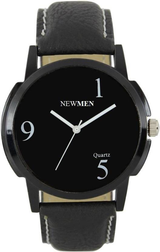     			newmen - Black Leather Analog Men's Watch