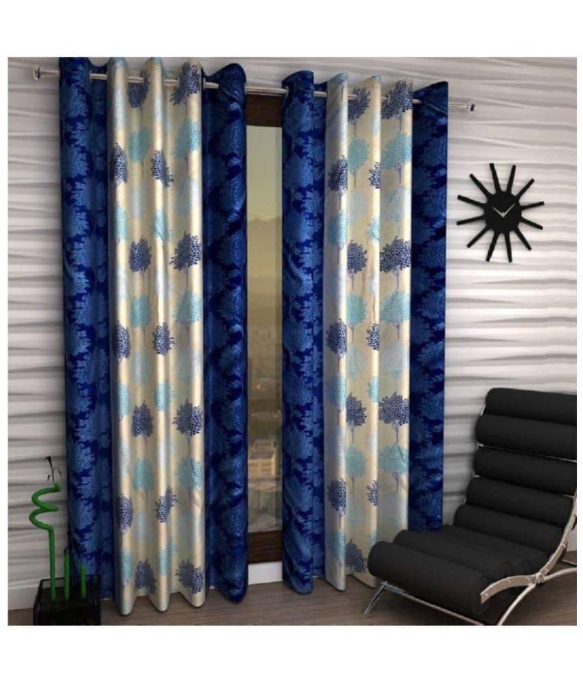 Phyto Home Floral Semi-Transparent Eyelet Window Curtain 5 ft Pack of 2 -Blue