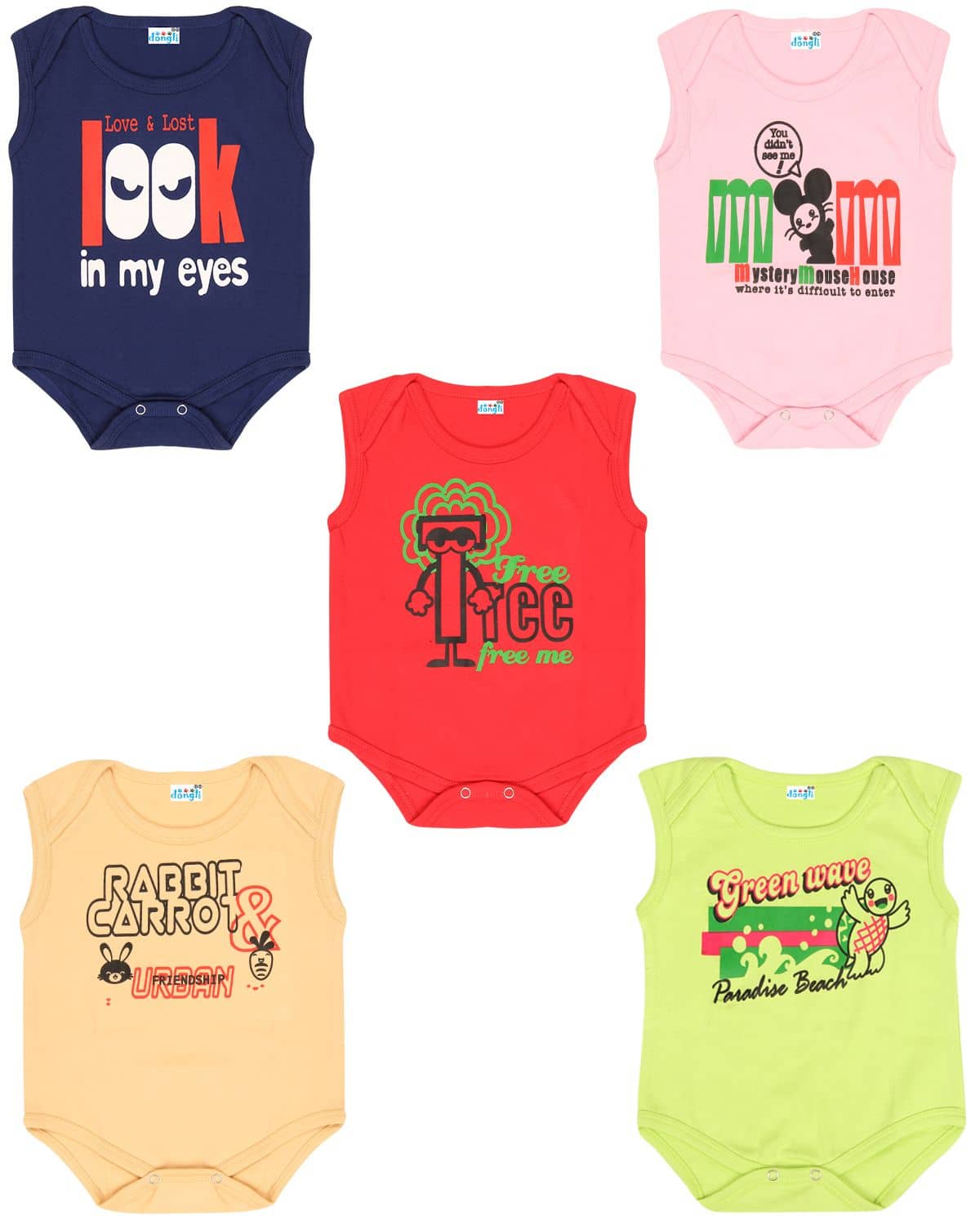 Dongli Pack of 5 Unisex for Baby 100% Cotton Bodysuit ( Multi Color )