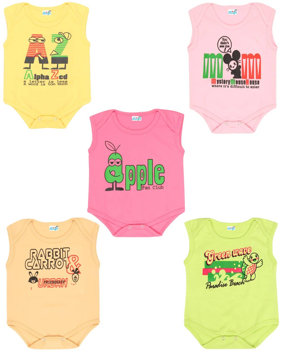 Dongli Pack of 5 Unisex for Baby 100% Cotton Bodysuit ( Multi Color )
