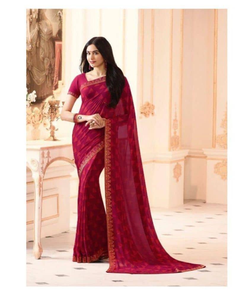 Gazal Fashions Chiffon Printed Saree With Unstitched Blouse Piece ( Maroon ) - Sarees | Buy online on ZillyBuy