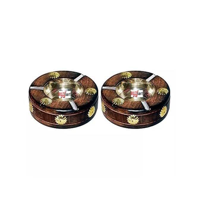     			BuzyKart Wooden Premium Quality Antique Hand carved Round Ashtray (Set Of 2)