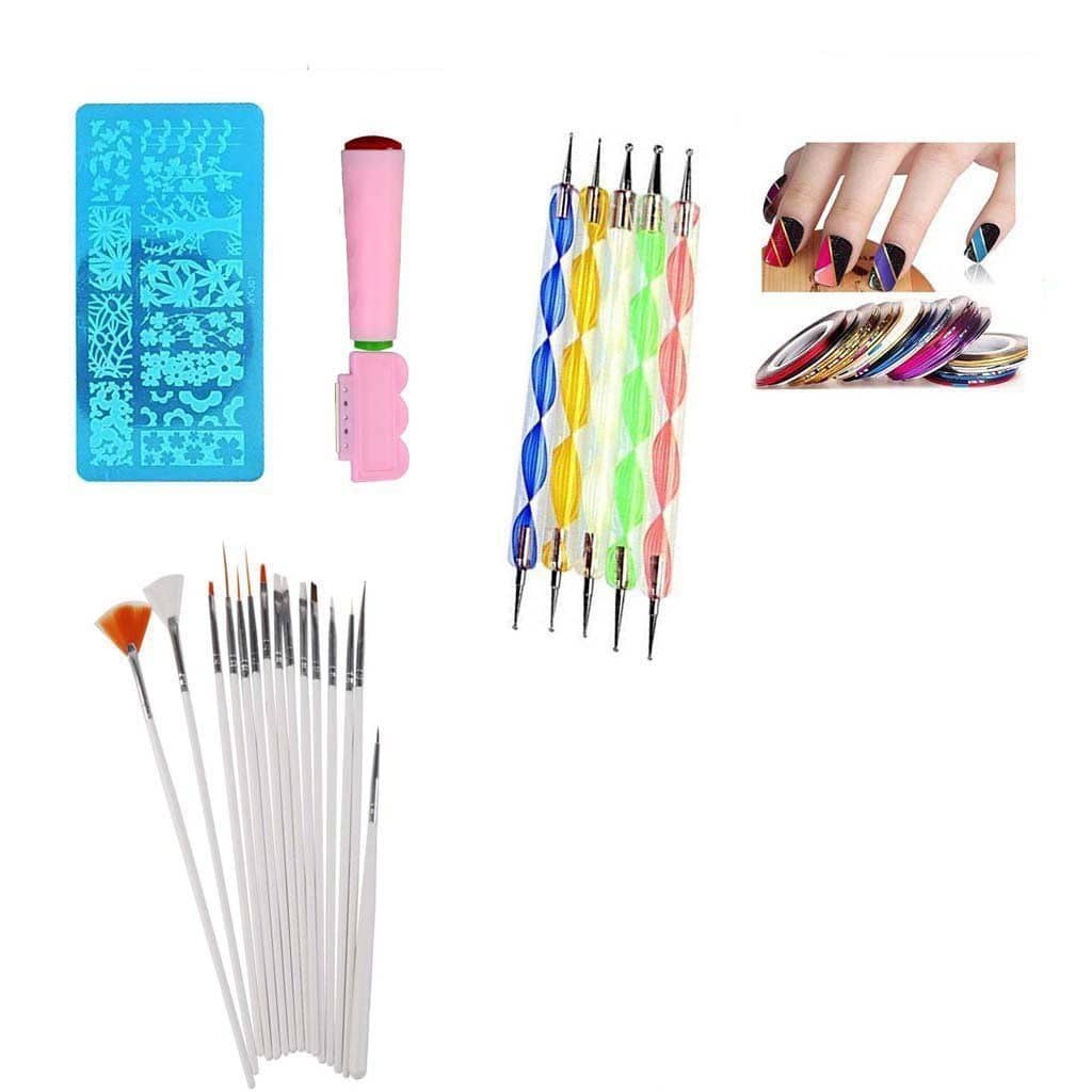 FOK 15 Pc Nail brush Set Nails 33 no.s 10 Pc Stripping Roll Tape 5 Pc Dotting Tool Set