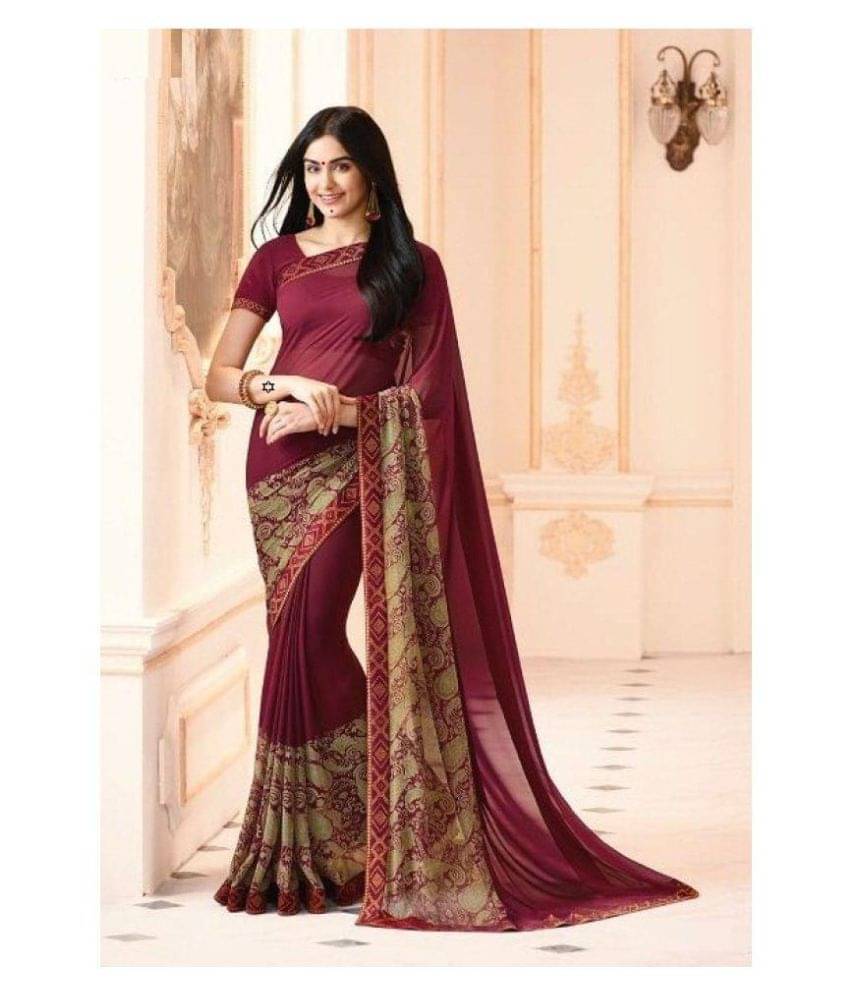 Gazal Fashions Chiffon Printed Saree With Unstitched Blouse Piece ( Maroon ) Gazal Fashions Chiffon Printed Saree With Unstitched Blouse Piece ( Maroon )