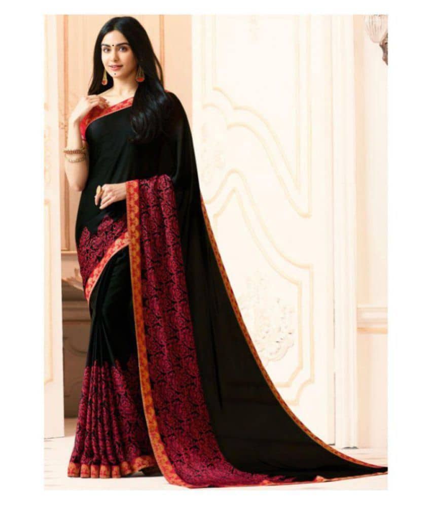 Gazal Fashions Georgette Printed Saree With Unstitched Blouse Piece ( Black ) - Sarees | Buy online on ZillyBuy