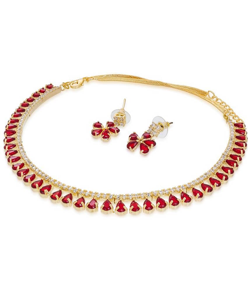 Aadita Designer Gold Plated American Diamonds and Stone Necklace Set with Earrings