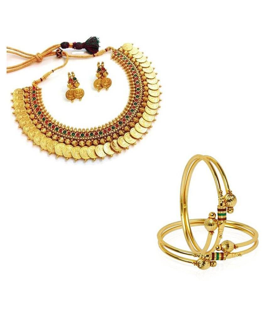 Zeneme Traditional Temple Coin Necklace and Bangle Combo Set -2 for Women Zeneme Traditional Temple Coin Necklace and Bangle Combo Set -2 for Women