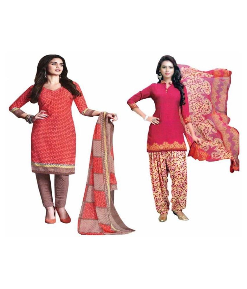     			Reya Red and Brown Crepe Dress Material
