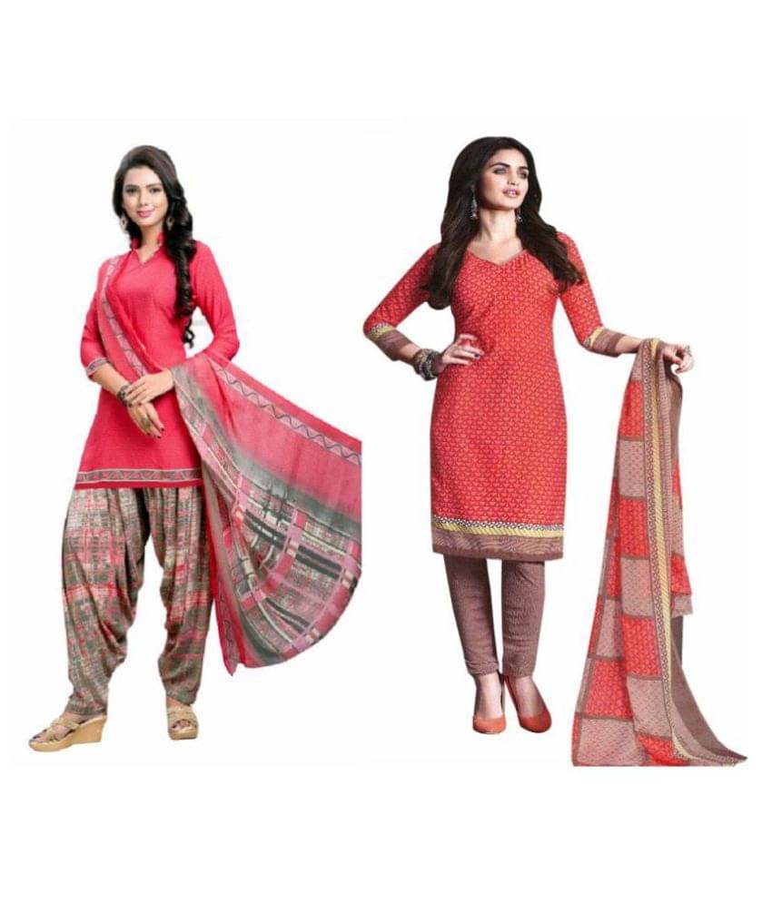     			Reya Red and Brown Crepe Dress Material