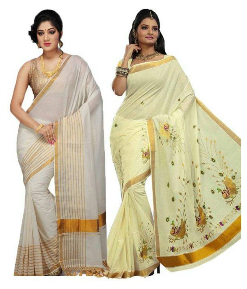 RSV FABRICS Kerela Cotton Saree With Unstitched Blouse Piece ( Grey,Beige ) RSV FABRICS Kerela Cotton Saree With Unstitched Blouse Piece ( Grey,Beige )