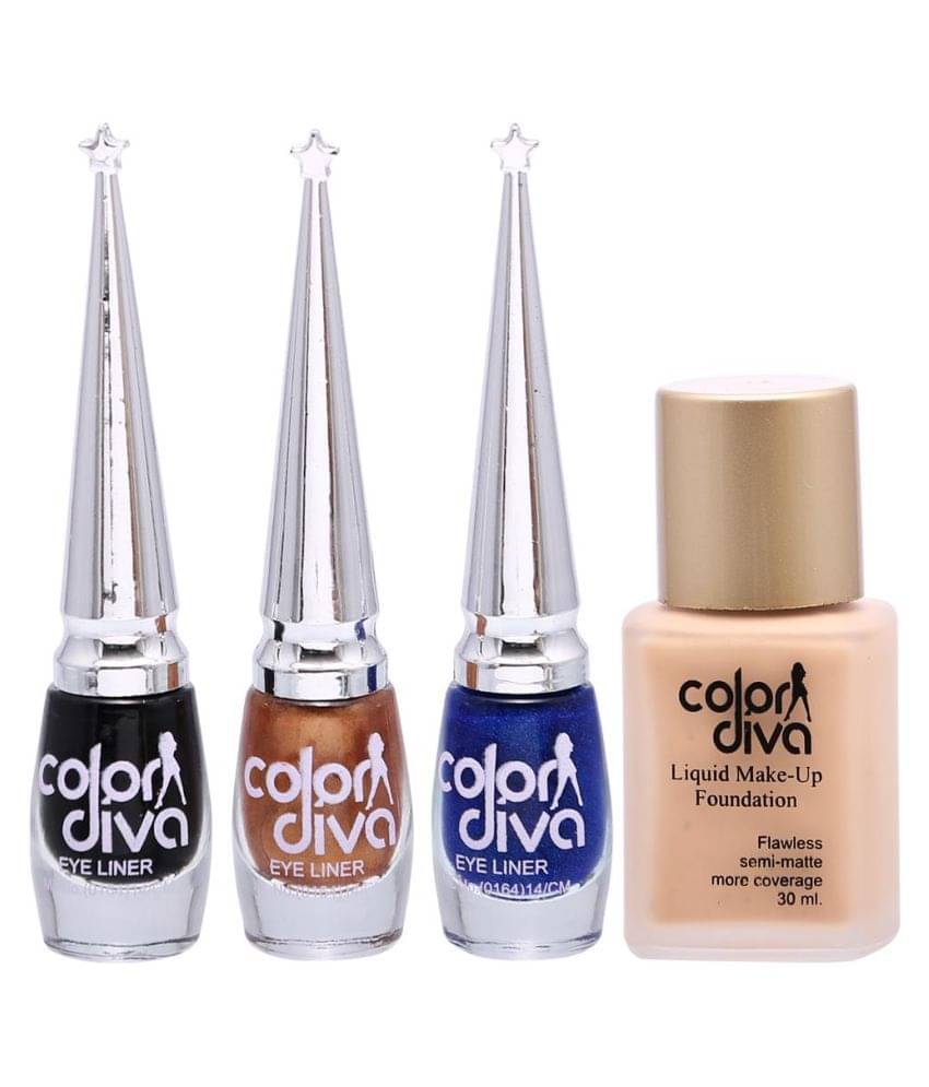     			COLOR DIVA 1 Forsted Foundation & Black, Blue, Golden Eyeliner