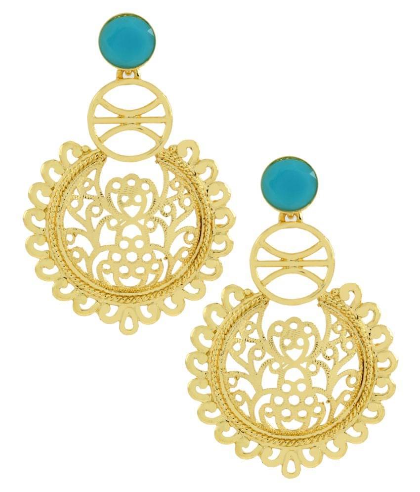 The Jewelbox Large Statement Filigree Chaand Bali Blue 18K Gold Plated Jhumki Earring For Girls Women     			The Jewelbox Large Statement Filigree Chaand Bali Blue 18K Gold Plated Jhumki Earring For Girls Women