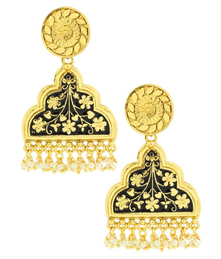 The Jewelbox Statement Long Black Enamel Meenakari Victorian Pearl 22K Gold Plated Dangle Earring For Women The Jewelbox Statement Long Black Enamel Meenakari Victorian Pearl 22K Gold Plated Dangle Earring For Women
