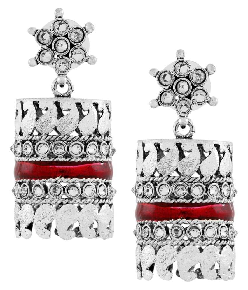     			The Jewelbox Traditional CZ Enamel Red Maroon Silver Rhodium Plated Dangle Earring For Girls Women
