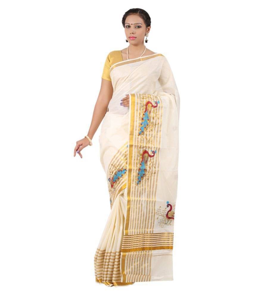 RSV FABRICS Kerela Cotton Saree With Unstitched Blouse Piece ( White,Beige ) RSV FABRICS Kerela Cotton Saree With Unstitched Blouse Piece ( White,Beige )