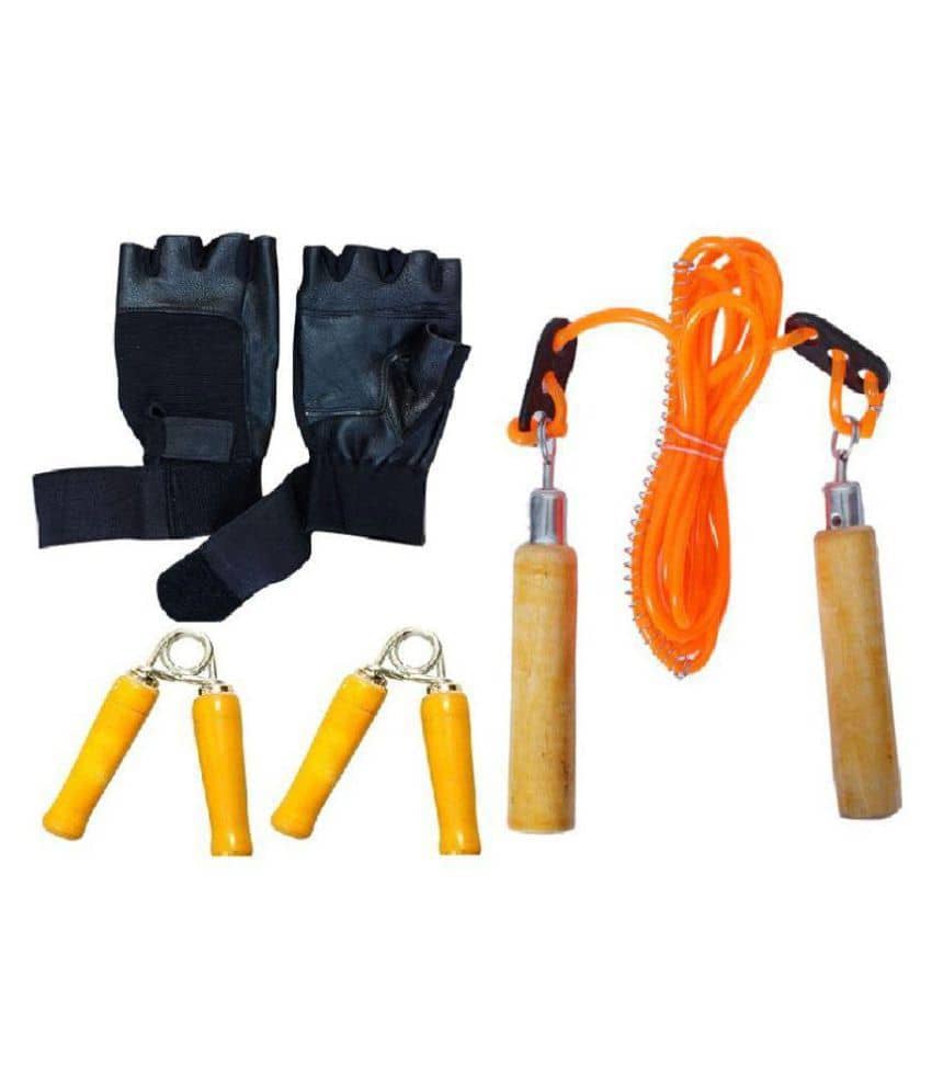 Home gym accessories combo with Adjustable wooden skipping rope+pair of wooden handgrippers and multiutility black gloves with wrist support - Sports and Fitness Equipment | Buy online on ZillyBuy
