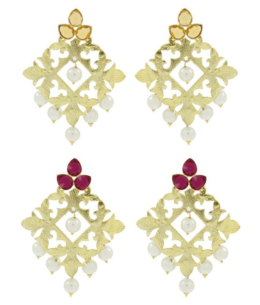 The Jewelbox Statement Large Filigree Flower Pearl Antique Gold Plated Chandelier Earring Combo For Women The Jewelbox Statement Large Filigree Flower Pearl Antique Gold Plated Chandelier Earring Combo For Women