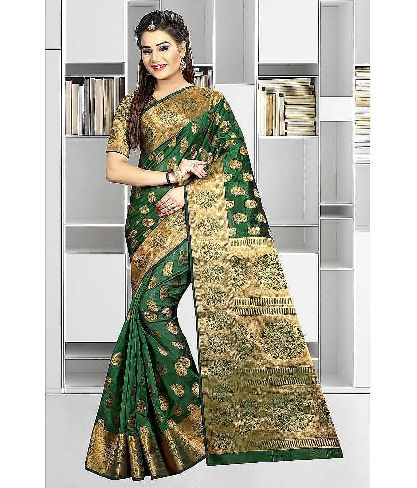 Gazal Fashions Banarasi Silk Printed Saree With Unstitched Blouse Piece ( Green ) - Sarees | Buy online on ZillyBuy