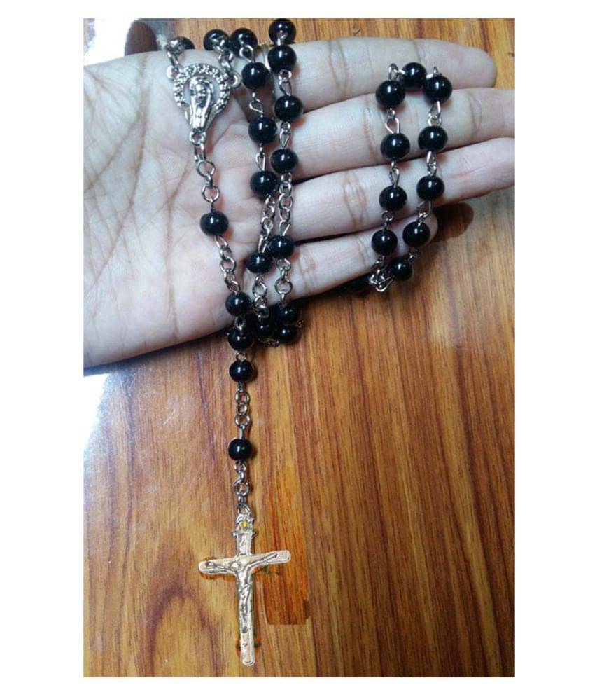     			Shiv Jagdamba Religious Necklace Rosary Catholic Necklaces Jesus Cross Pendant Black Wooden Beads 4mm 60cm+15cm Jewelry  Silver And Black  Stainless Steel And Crystal  Pendant Necklace For Men And Women