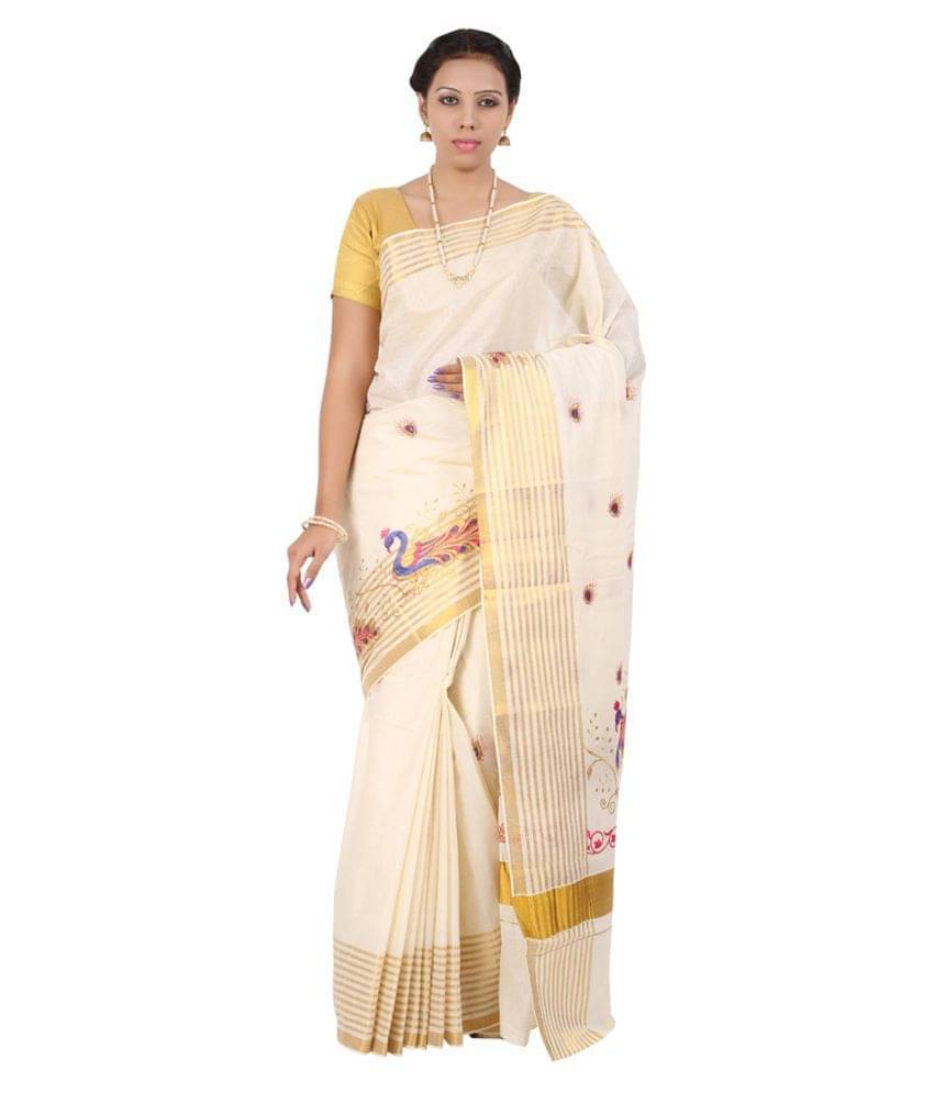 RSV FABRICS Kerela Cotton Saree With Unstitched Blouse Piece ( White,Beige )     			RSV FABRICS Kerela Cotton Saree With Unstitched Blouse Piece ( White,Beige )
