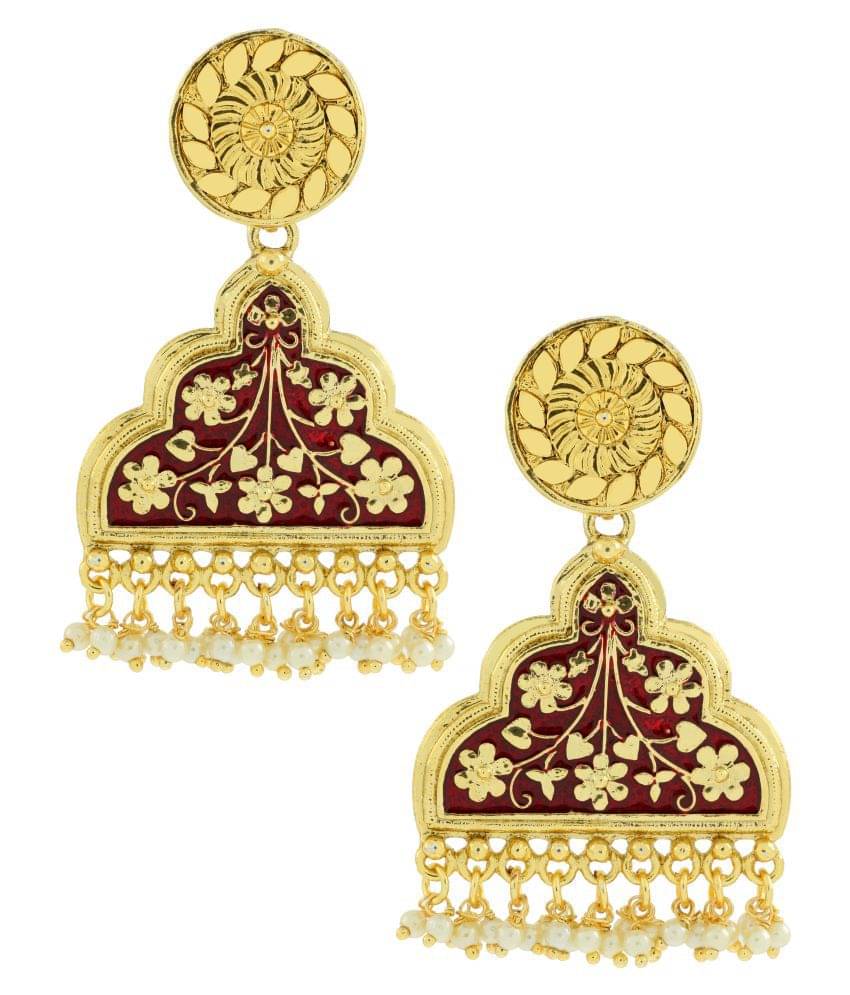     			The Jewelbox Statement Long Maroon Red Enamel Meenakari Victorian Pearl 22K Gold Plated Dangle Earring For Women