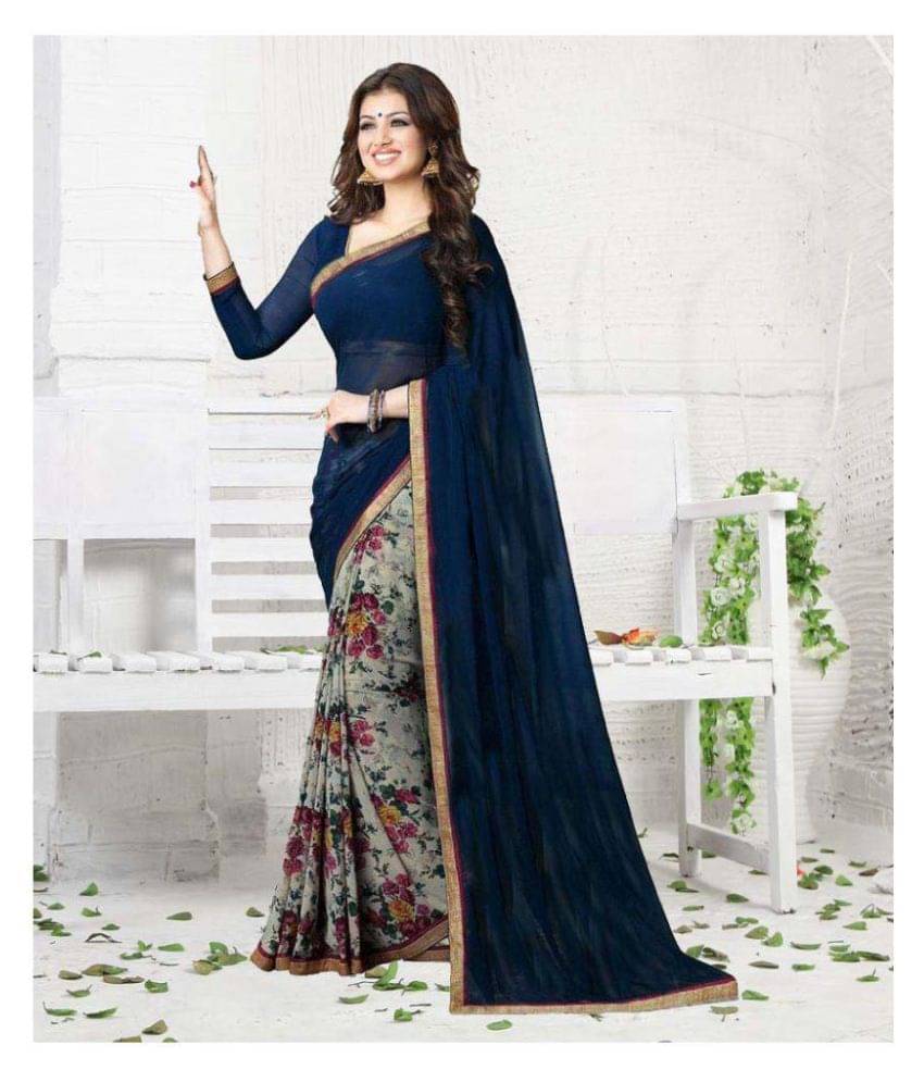     			Gazal Fashions Georgette Printed Saree With Unstitched Blouse Piece ( Blue,Grey )